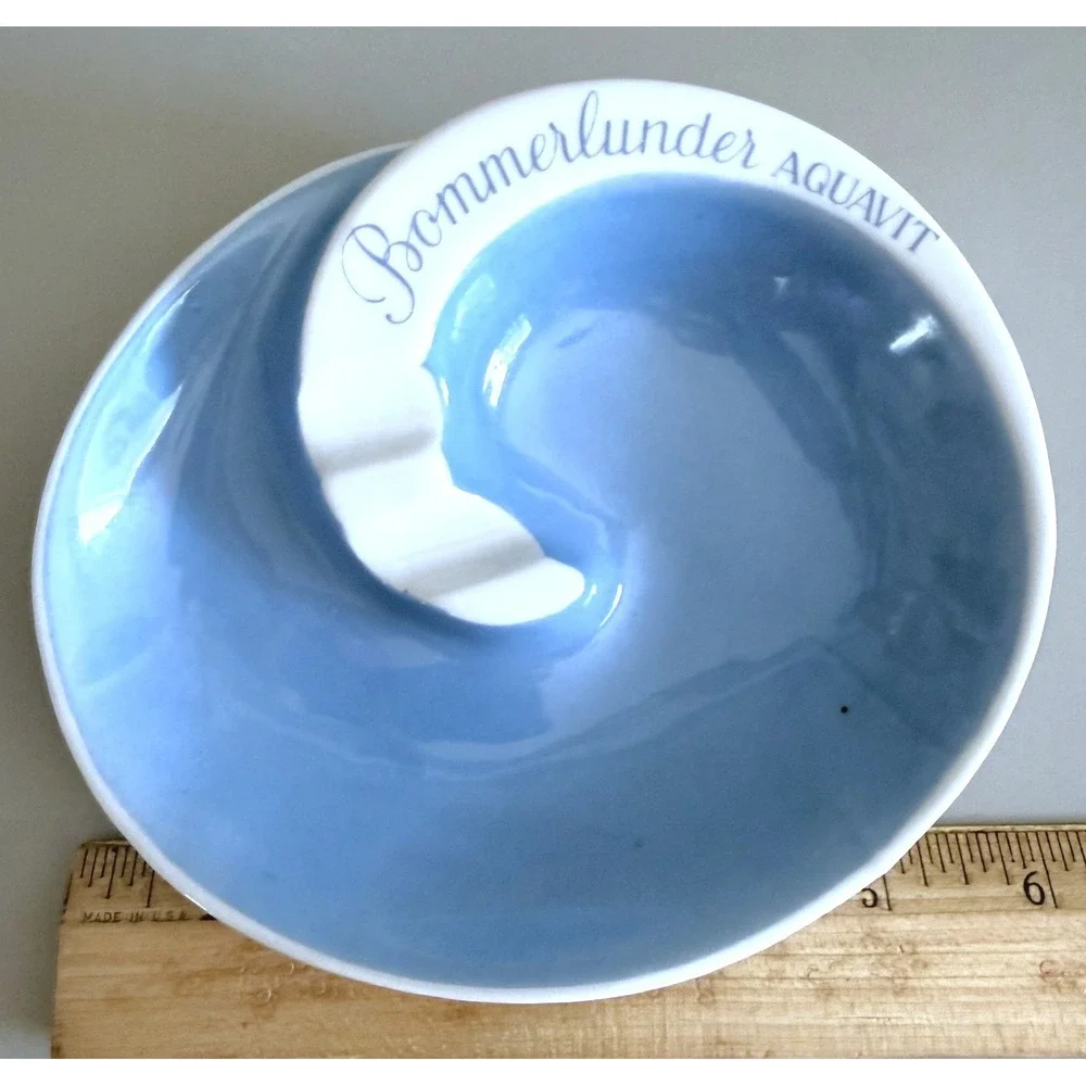 Bommerlunder Aquavit Bavaria Ceramic Ashtray Vintage Barware Blue White Freeform